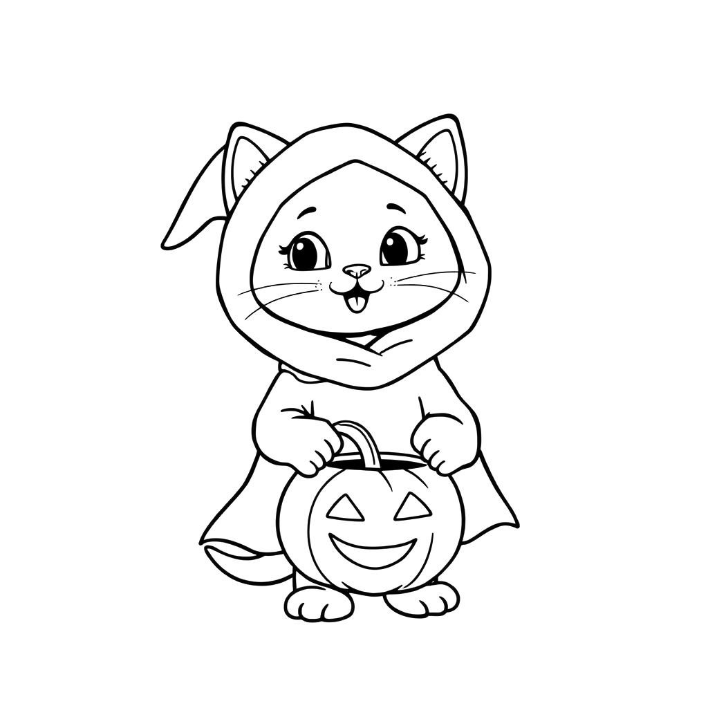 Black line art coloring page of a kitten wearing a ghost costume with a hood, holding a jack-o-lantern candy bucket.