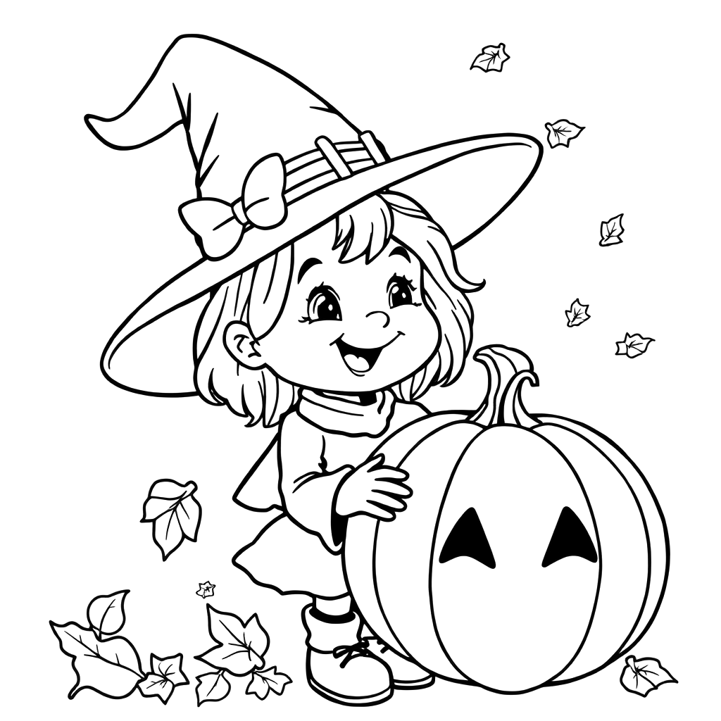 Black line art coloring page of a smiling little girl in a pointed witch hat with a bow, holding a big pumpkin, with autumn leaves falling around her.