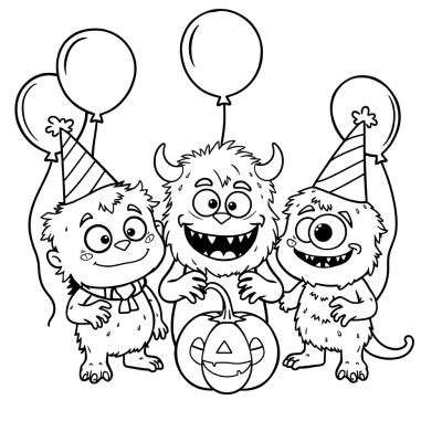 Black line art coloring page of three cute fuzzy monsters in party hats holding balloons and a jack-o-lantern.