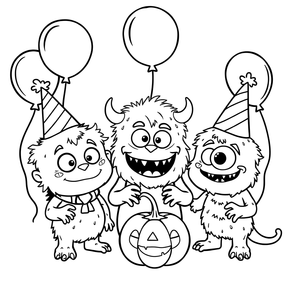 Black line art coloring page of three cute fuzzy monsters in party hats holding balloons and a jack-o-lantern.
