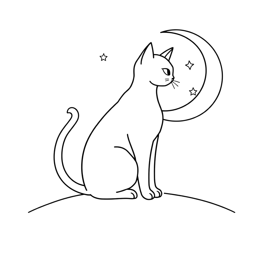 Black line art coloring page of a black cat sitting under a crescent moon with stars, on white paper.