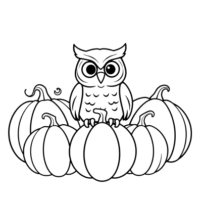 Black line art coloring page of an owl perched between three pumpkins of different sizes, on white paper.