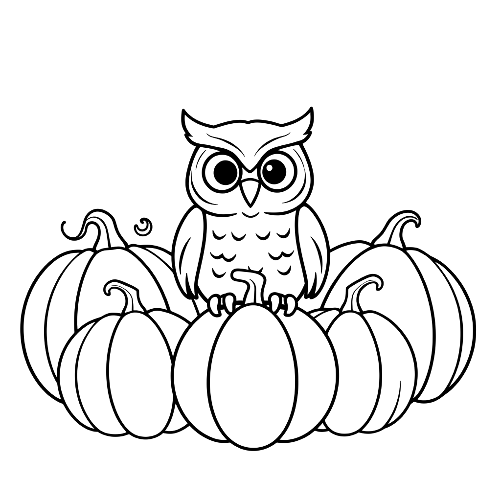 Black line art coloring page of an owl perched between three pumpkins of different sizes, on white paper.