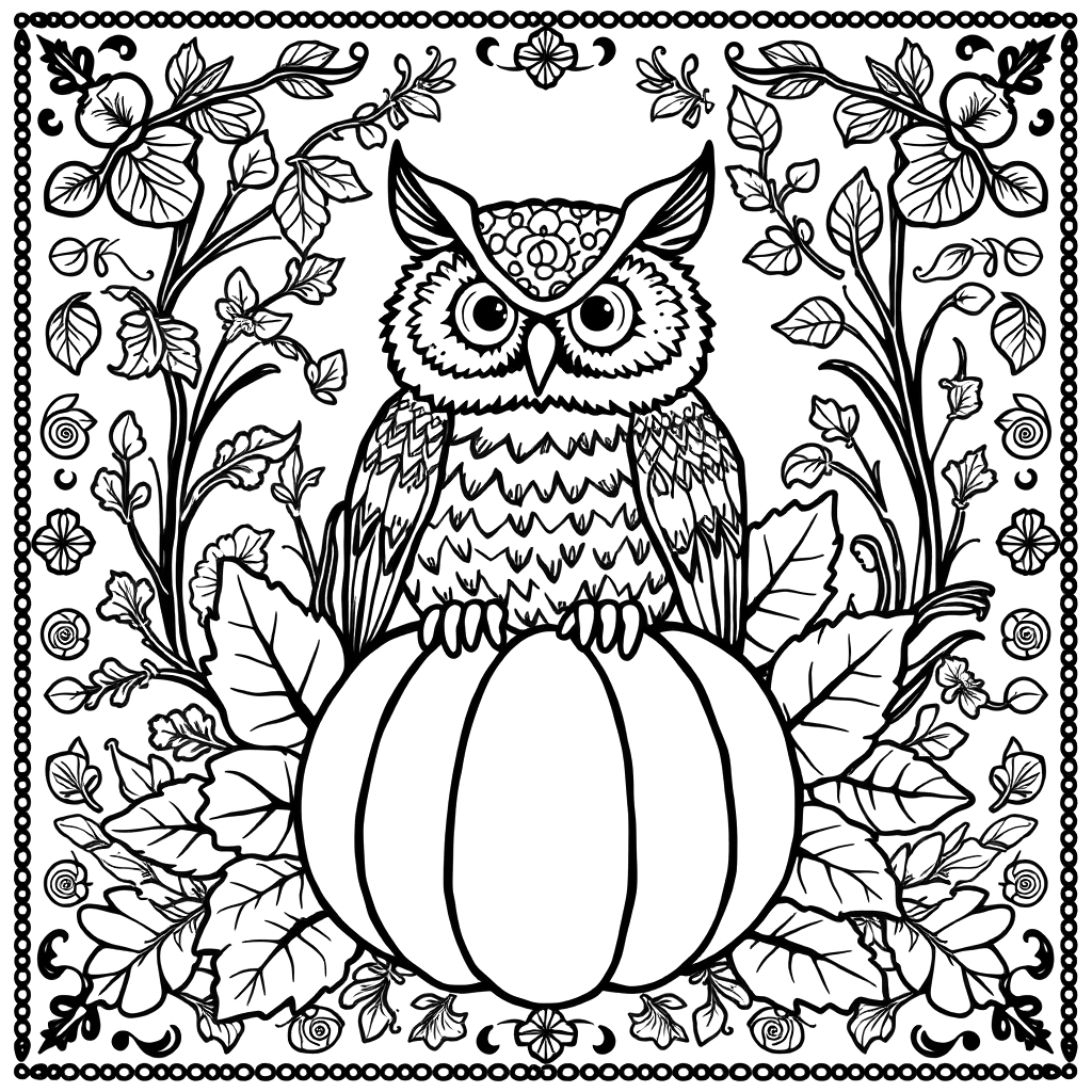 Detailed black line art coloring page of an owl with patterned feathers perched on a pumpkin, surrounded by autumn leaves inside a decorated border.