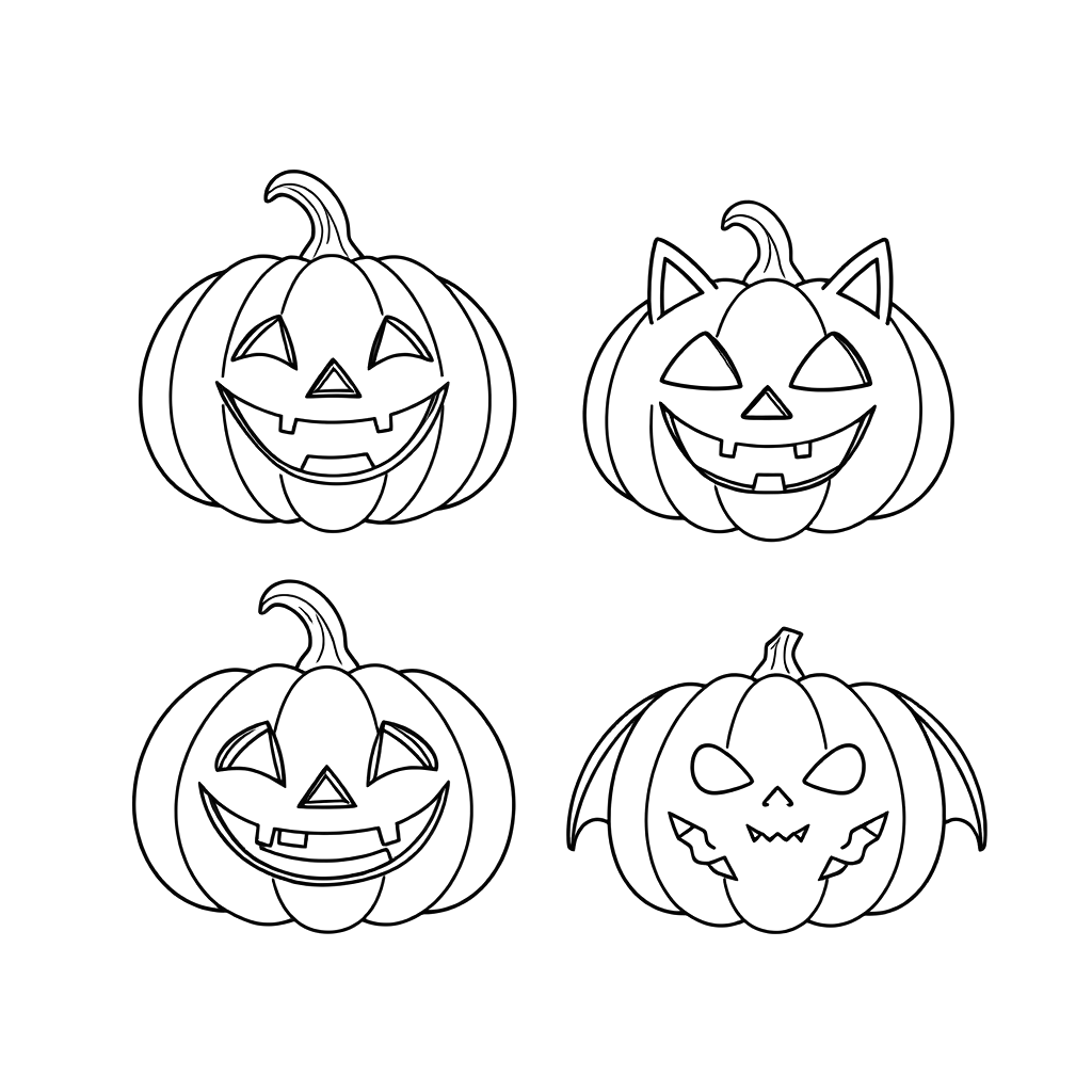 Black line art coloring page of four pumpkins in a grid, each with a different carved face including a cat face and a bat shape.