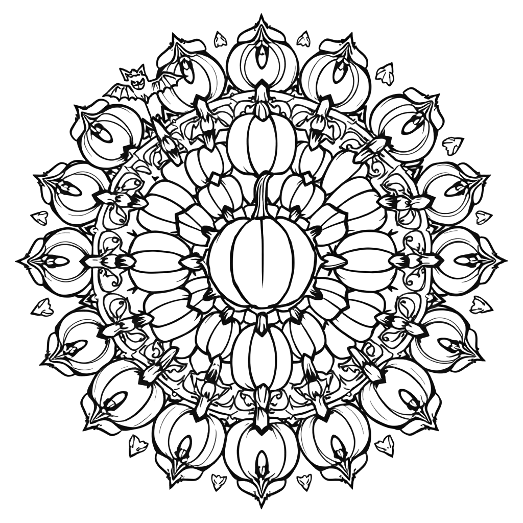 Detailed black line art coloring page of a round mandala made of pumpkins, bats and crescent moons in repeating patterns with a pumpkin in the center.