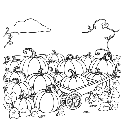 Black line art coloring page of a pumpkin patch with many pumpkins of different sizes, curly vines, leaves and a wheelbarrow.