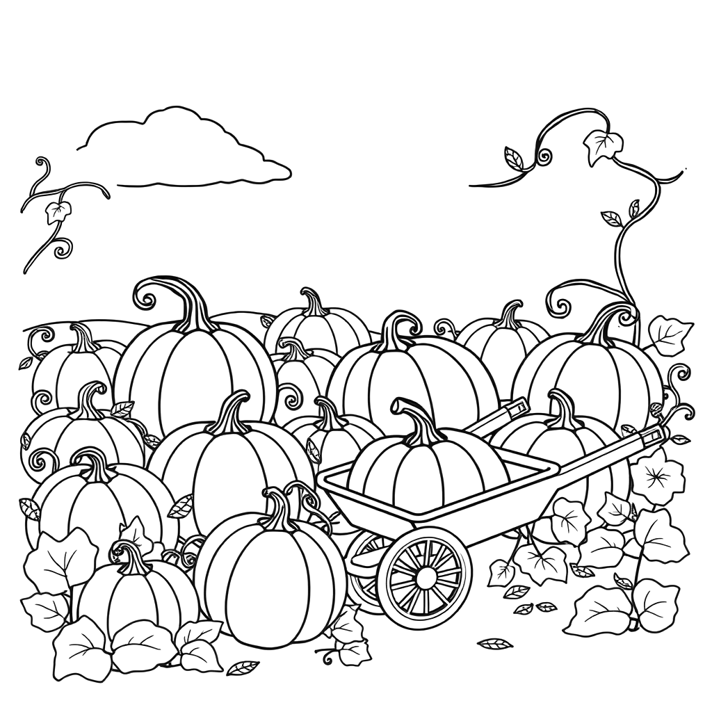 Black line art coloring page of a pumpkin patch with many pumpkins of different sizes, curly vines, leaves and a wheelbarrow.