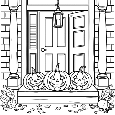 Black line art coloring page of three carved jack-o-lanterns on a front porch step with a hanging lantern, a paneled door and fallen leaves.