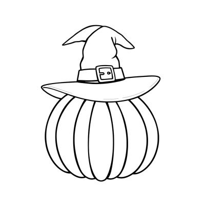 Black line art coloring page of a round pumpkin wearing a pointed witch hat with a buckle, on white paper.