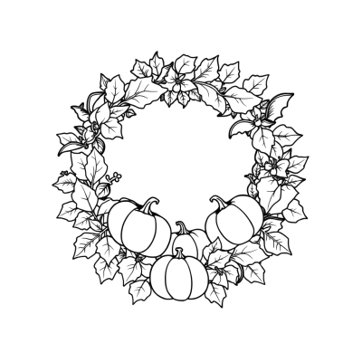 Black line art coloring page of a wreath made of small pumpkins, leaves and bats, on white paper.