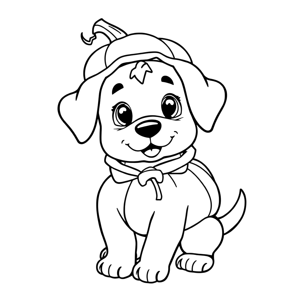 Black line art coloring page of a puppy dressed in a pumpkin costume, on white paper.