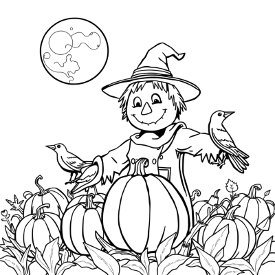 Black line art coloring page of a smiling scarecrow in a pointed hat standing in a pumpkin patch with two crows and an outlined full moon.