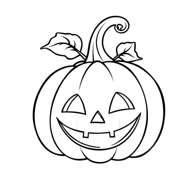 Black line art coloring page of a big smiling jack-o'-lantern with a curly stem and two leaves, on white paper.