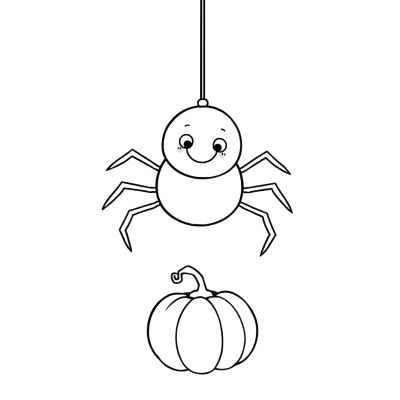 Black line art coloring page of a cute smiling spider hanging from a thread, with a small pumpkin below, on white paper.