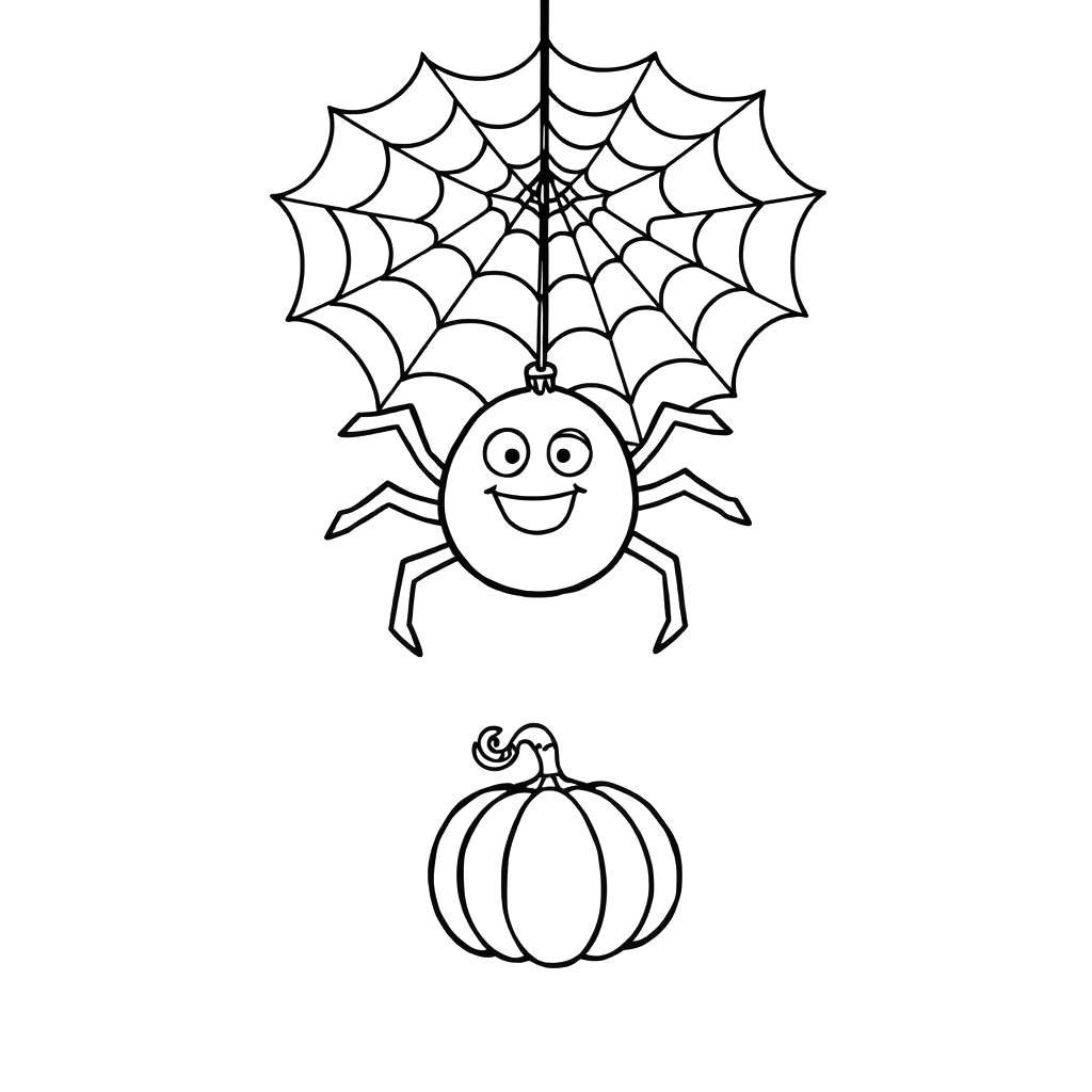 Black line art coloring page of a smiling spider hanging from a large spider web, with a small pumpkin below.