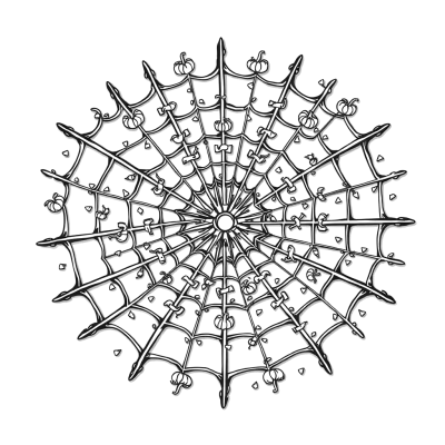 Black line art coloring page of a round spider web mandala with small spiders and tiny pumpkins, on white paper.