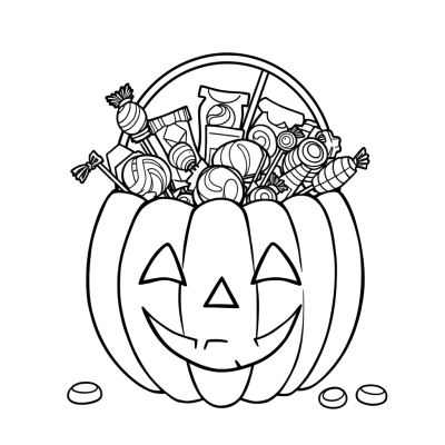 Black line art coloring page of a jack-o-lantern shaped trick-or-treat bucket overflowing with candy, lollipops and wrapped sweets.