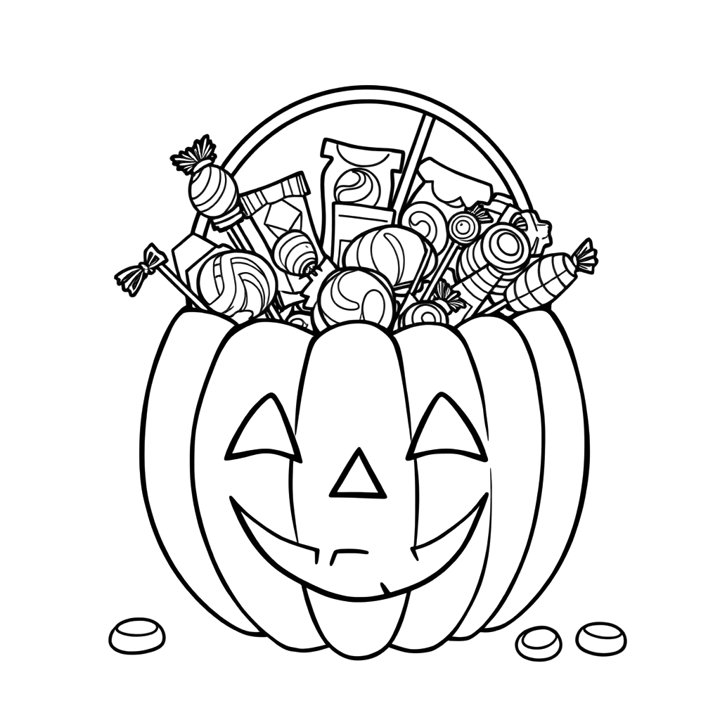 Black line art coloring page of a jack-o-lantern shaped trick-or-treat bucket overflowing with candy, lollipops and wrapped sweets.