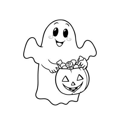 Black line art coloring page of a cute ghost holding a jack-o-lantern bucket full of candy.