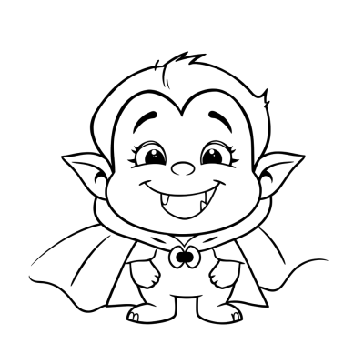 Black line art coloring page of a cute little vampire with a cape, tiny fangs and a big smile, on white paper.