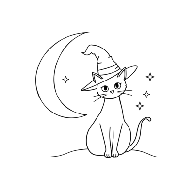 Black line art coloring page of a cat wearing a pointed witch hat, sitting under a large crescent moon with small stars.