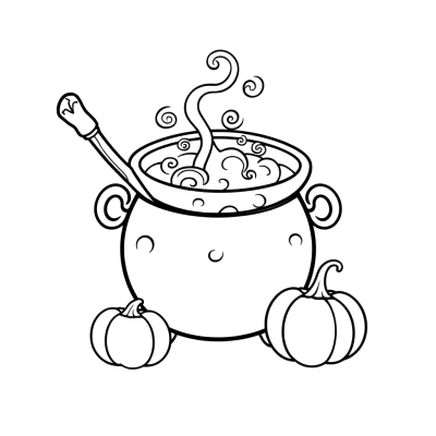 Black line art coloring page of a witch's cauldron with swirly bubbles rising from it, a wooden spoon and two small pumpkins.