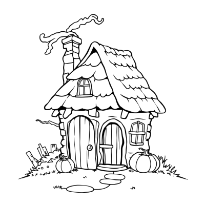 Black line art coloring page of a crooked witch cottage with a smoking chimney and a pumpkin by the door, on white paper.