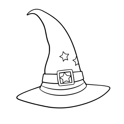 Black line art coloring page of a big pointed witch hat with a wide brim, a buckle and stars.