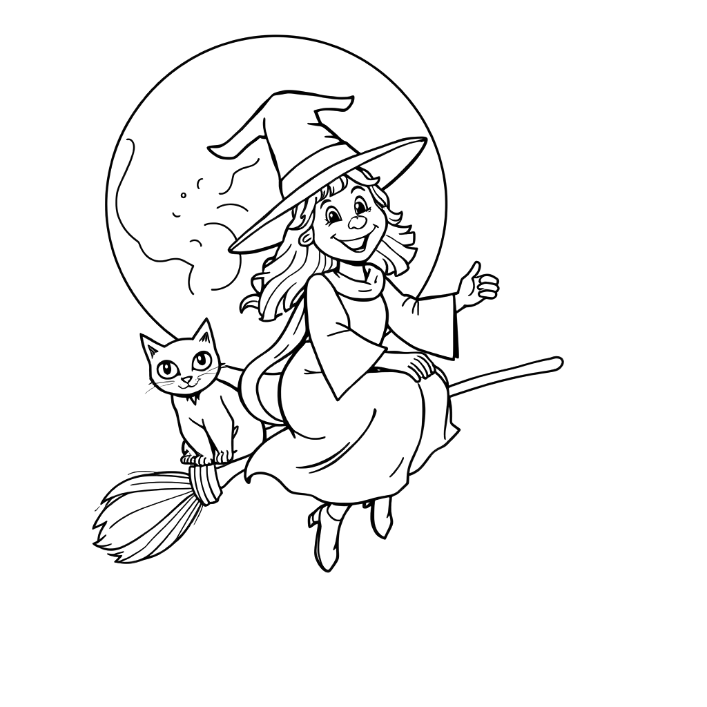 Black line art coloring page of a smiling witch in a pointed hat riding a broomstick with a cat behind her, in front of a large outlined full moon.