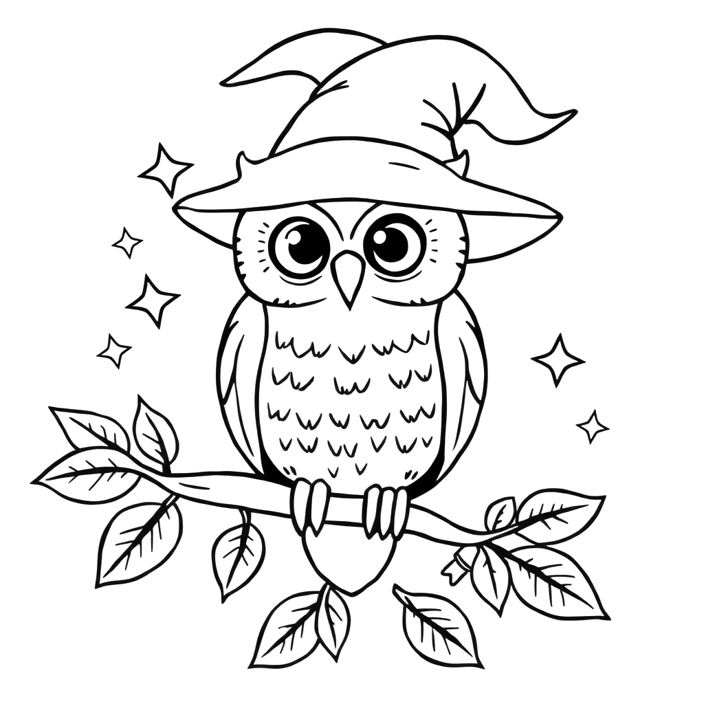 Black line art coloring page of an owl in a witch hat sitting on a branch with leaves and stars, on white paper.